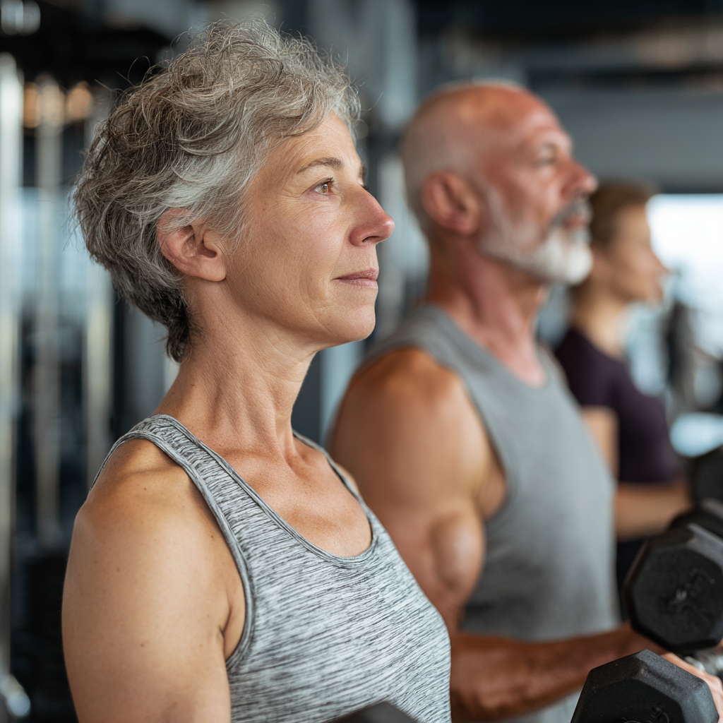 Experienced adults engaged in strength training with modern equipment