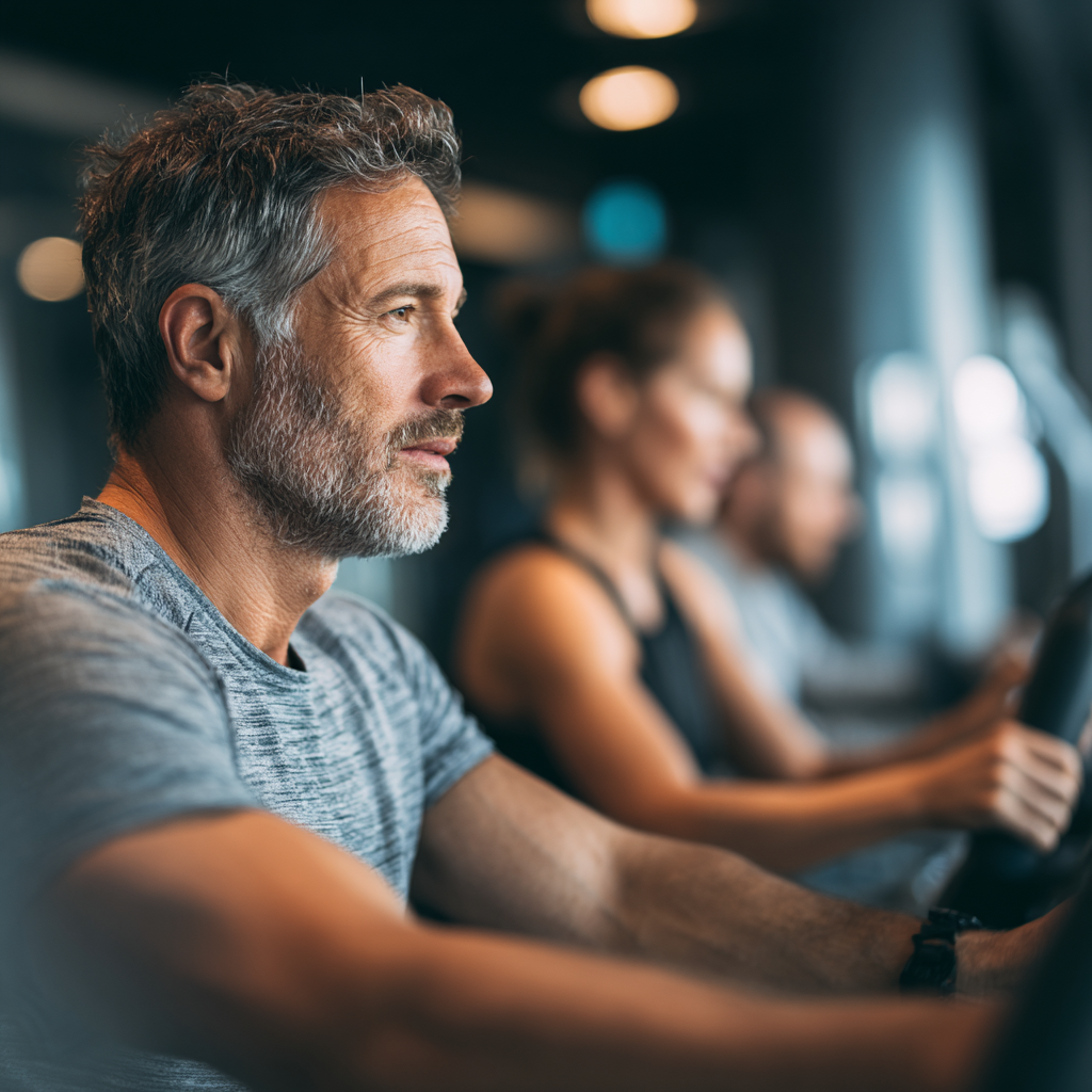 Middle-aged professionals working out in modern fitness facility